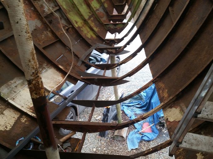 Bow section with hull removed and new beams ready to be replaced