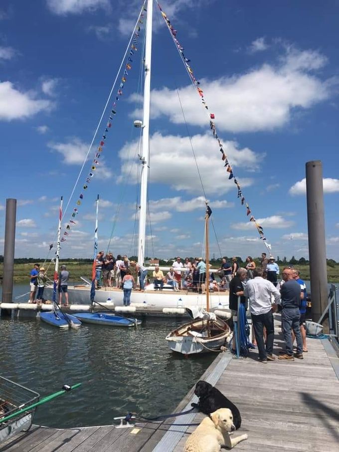 30th June 2019 Over 50 friends and family turn up at Fambridge to celebrate the launch of Windrunner after her 6 year refit. The interior was part finished, but fully completed within from 2019 to 2021.